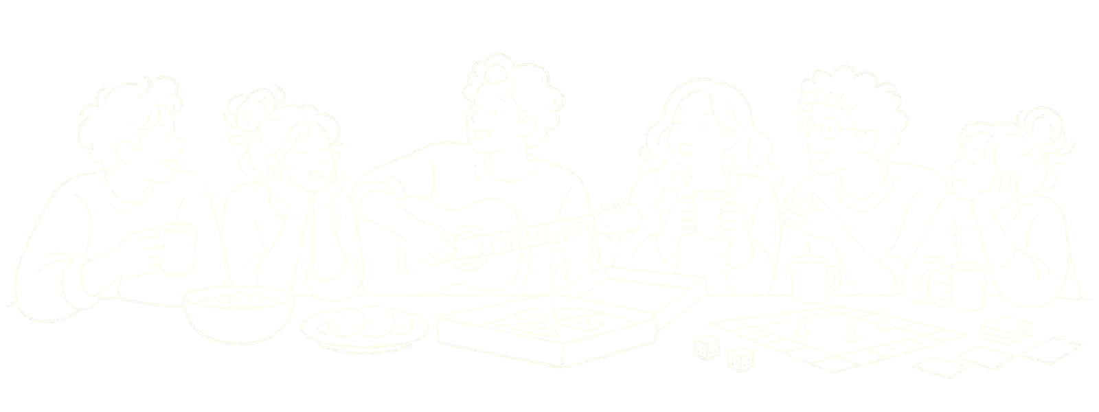 Line drawing of friends around a brunch table, one playing guitar, with mugs, cookies, pizza and a board game