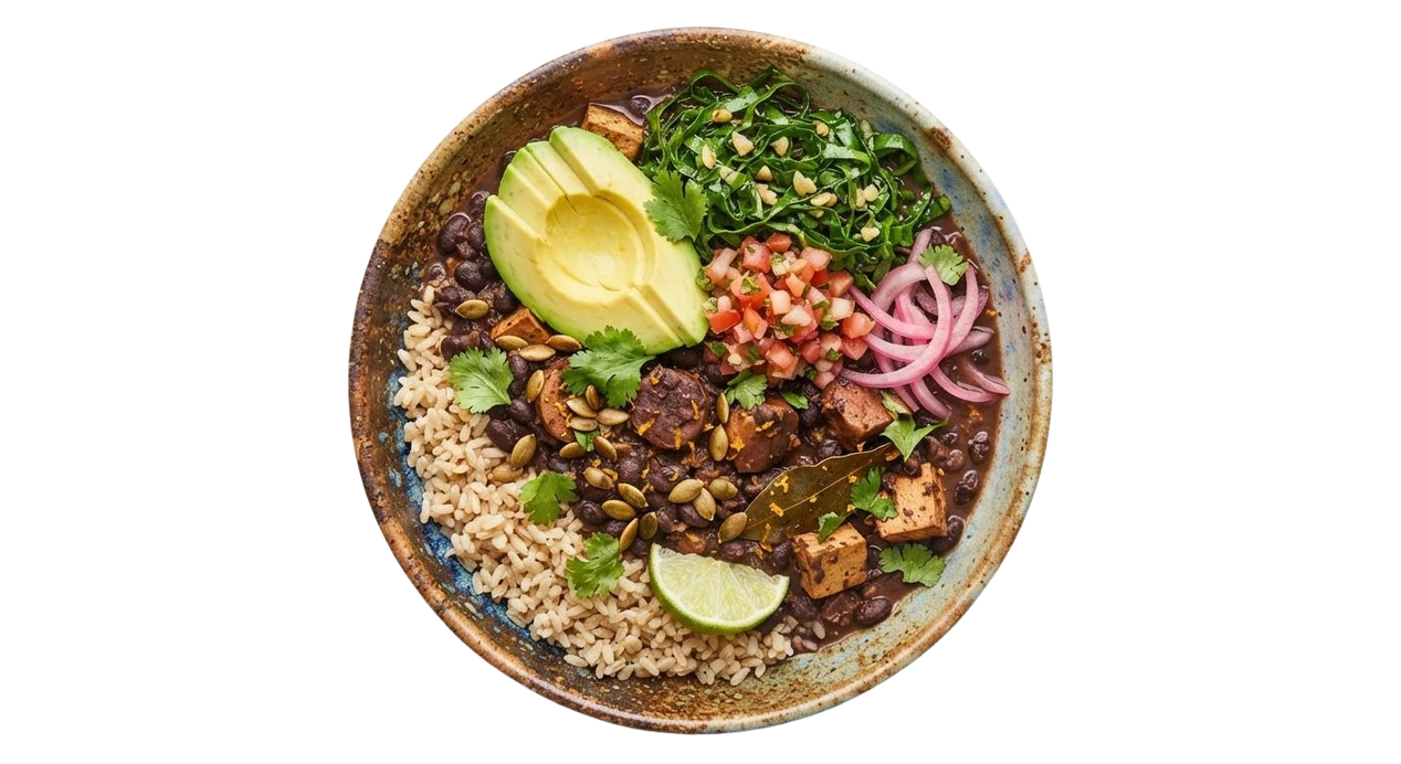 A colourful plant-based bowl with avocado, grains, greens and vegetables